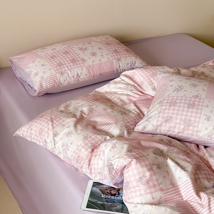 91家纺网 家纺一手货源 找家纺 Mr.pig猪先生水洗棉 2025新款小清新全棉四件套 碎花格-粉