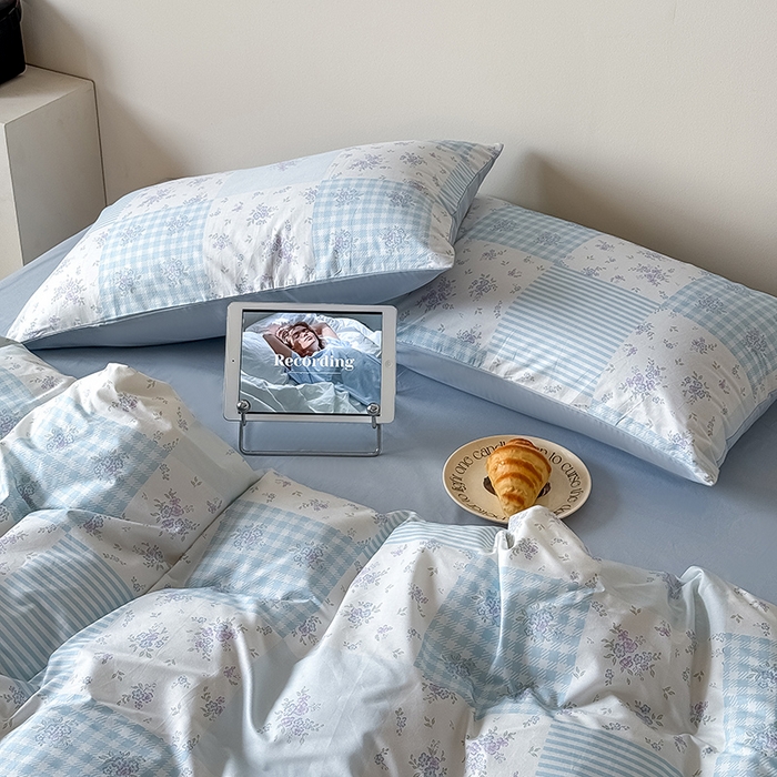 91家纺网 家纺一手货源 找家纺 Mr.pig猪先生水洗棉 2025新款小清新全棉四件套 碎花格-蓝