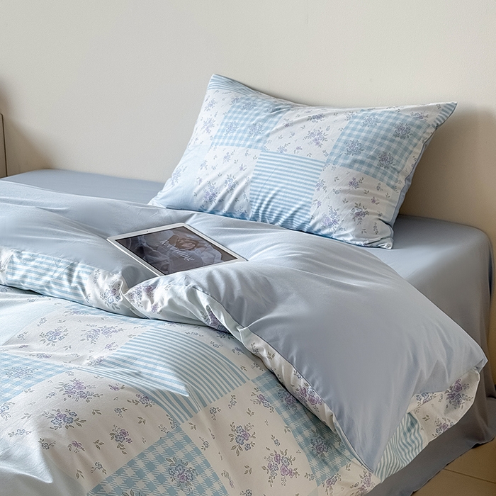 91家纺网 家纺一手货源 找家纺 Mr.pig猪先生水洗棉 2025新款小清新全棉四件套 碎花格-蓝