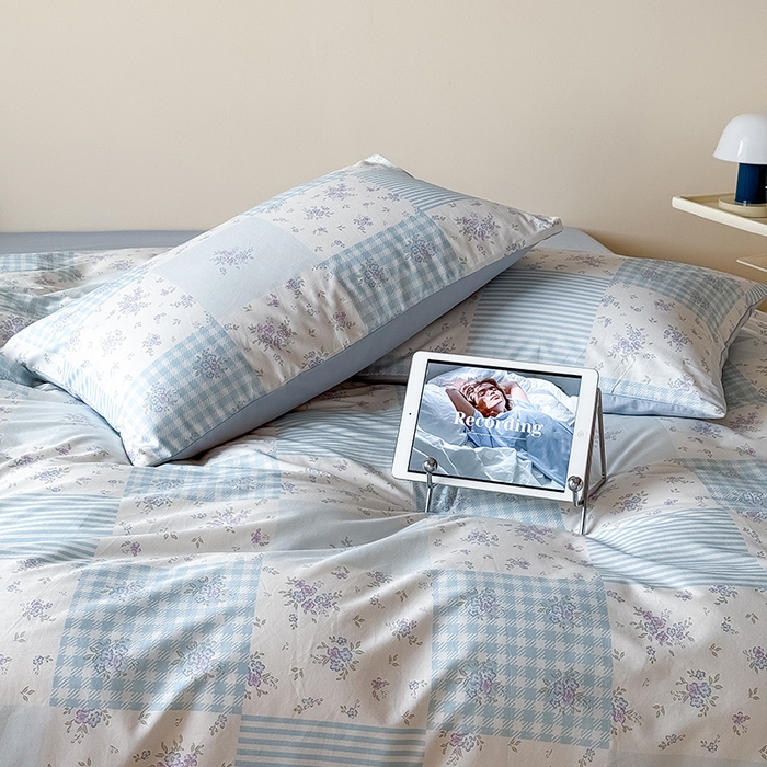 91家纺网 家纺一手货源 找家纺 Mr.pig猪先生水洗棉 2025新款小清新全棉四件套 碎花格-蓝