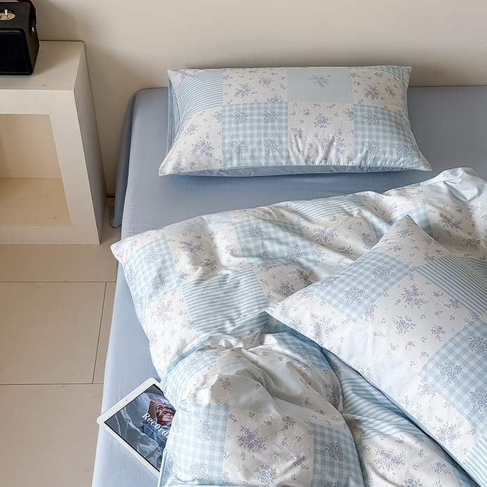 91家纺网 家纺一手货源 找家纺 Mr.pig猪先生水洗棉 2025新款小清新全棉四件套 碎花格-蓝