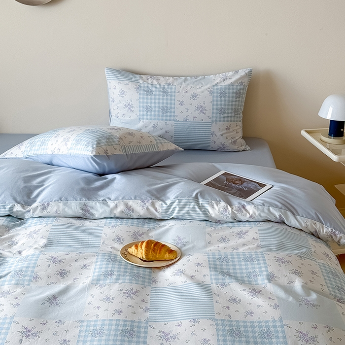 91家纺网 家纺一手货源 找家纺 Mr.pig猪先生水洗棉 2025新款小清新全棉四件套 碎花格-蓝