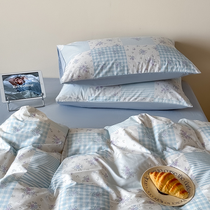 91家纺网 家纺一手货源 找家纺 Mr.pig猪先生水洗棉 2025新款小清新全棉四件套 碎花格-蓝