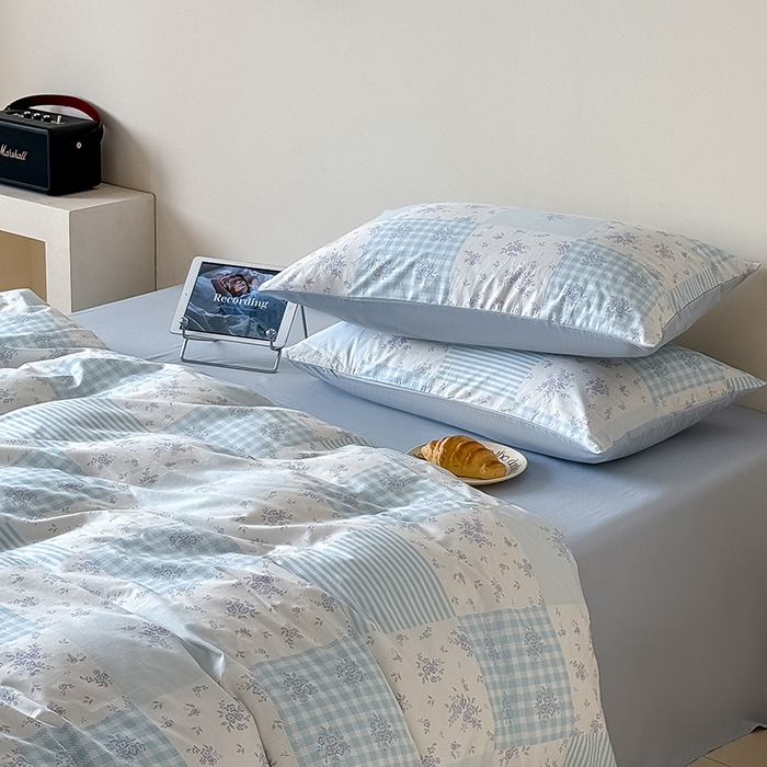 91家纺网 家纺一手货源 找家纺 Mr.pig猪先生水洗棉 2025新款小清新全棉四件套 碎花格-蓝