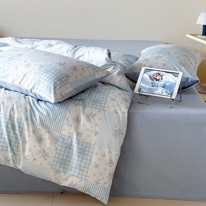 91家纺网 家纺一手货源 找家纺 Mr.pig猪先生水洗棉 2025新款小清新全棉四件套 碎花格-蓝