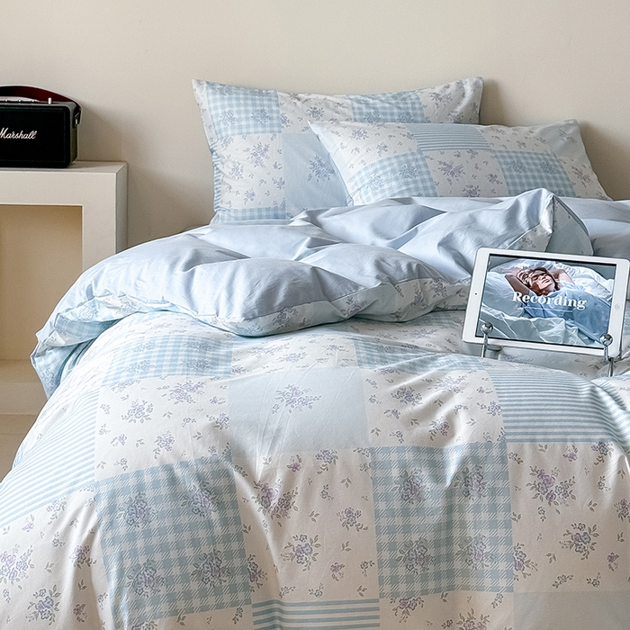 91家纺网 家纺一手货源 找家纺 Mr.pig猪先生水洗棉 2025新款小清新全棉四件套 碎花格-蓝