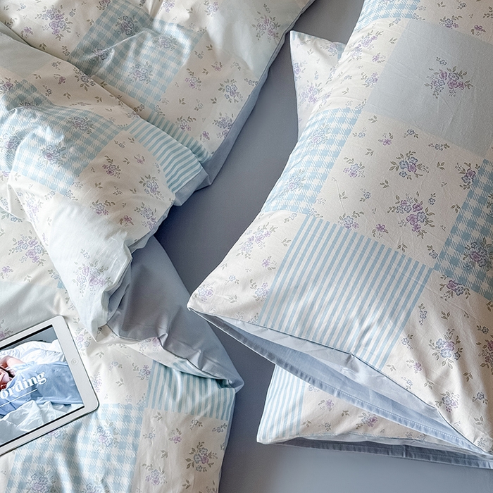 91家纺网 家纺一手货源 找家纺 Mr.pig猪先生水洗棉 2025新款小清新全棉四件套 碎花格-蓝