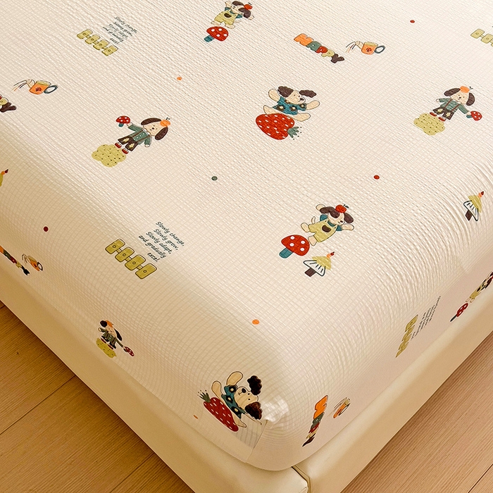 91家纺网 家纺一手货源 找家纺 恬澳家纺 2025新款A类印花泡泡棉床笠-场景二 布丁狗