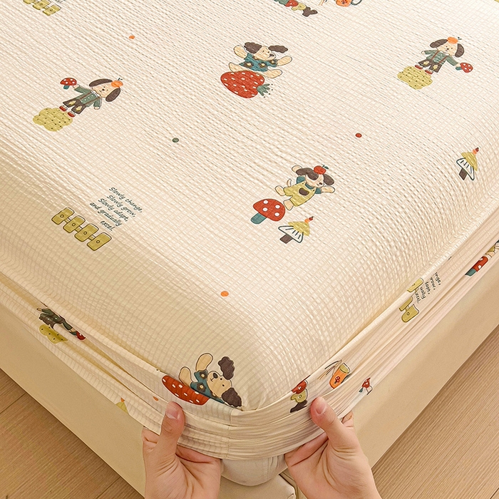 91家纺网 家纺一手货源 找家纺 恬澳家纺 2025新款A类印花泡泡棉床笠-场景二 布丁狗