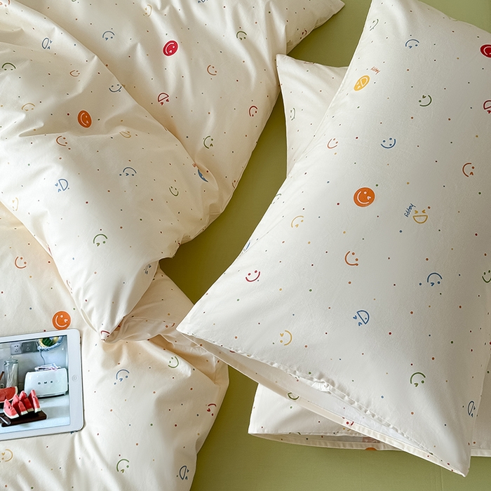 91家纺网 家纺一手货源 找家纺 Mr.pig猪先生水洗棉 2025新款小清新全棉四件套 笑脸