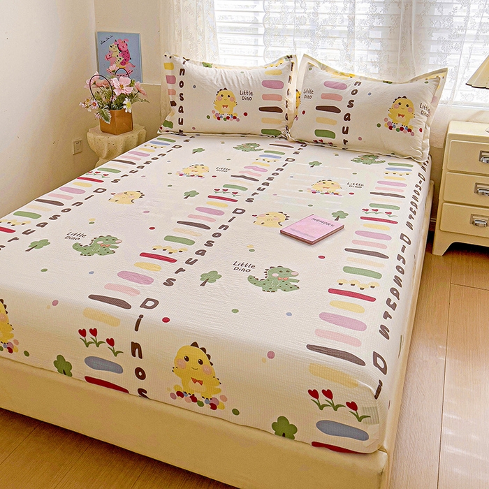 91家纺网 家纺一手货源 找家纺 恬澳家纺 2025新款A类印花泡泡棉床笠-场景二 恐龙宝贝