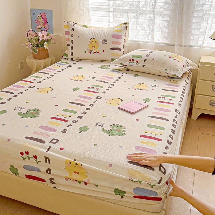 91家纺网 家纺一手货源 找家纺 恬澳家纺 2025新款A类印花泡泡棉床笠-场景二 恐龙宝贝