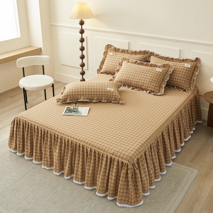 91家纺网 家纺一手货源 找家纺 缦彩 2025新款纯棉水洗棉床裙床罩单件全棉防滑防尘保护套床单三件套 艾米-咖