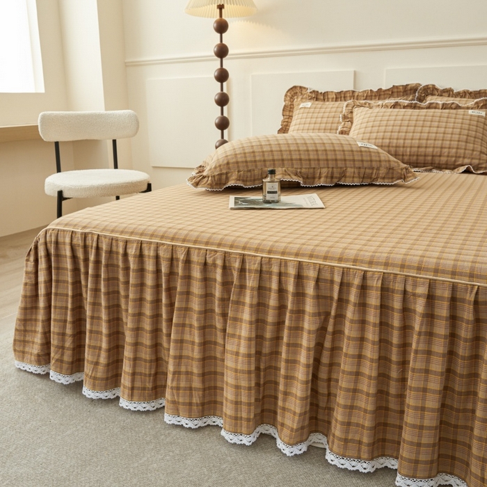 91家纺网 家纺一手货源 找家纺 缦彩 2025新款纯棉水洗棉床裙床罩单件全棉防滑防尘保护套床单三件套 艾米-咖