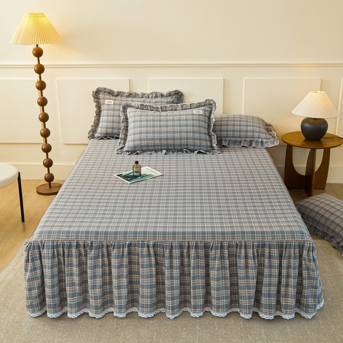 缦彩 2025新款纯棉水洗棉床裙床罩单件全棉防滑防尘保护套床单三件套 艾米-兰