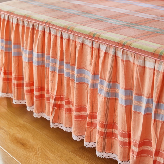 91家纺网 家纺一手货源 找家纺 缦彩 2025新款纯棉水洗棉床裙床罩单件全棉防滑防尘保护套床单三件套 多芬桔