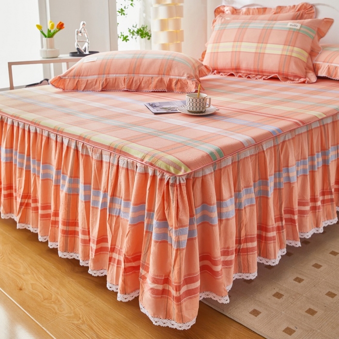 91家纺网 家纺一手货源 找家纺 缦彩 2025新款纯棉水洗棉床裙床罩单件全棉防滑防尘保护套床单三件套 多芬桔