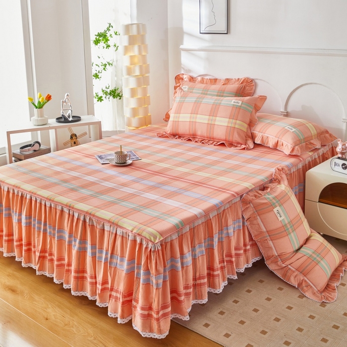 91家纺网 家纺一手货源 找家纺 缦彩 2025新款纯棉水洗棉床裙床罩单件全棉防滑防尘保护套床单三件套 多芬桔