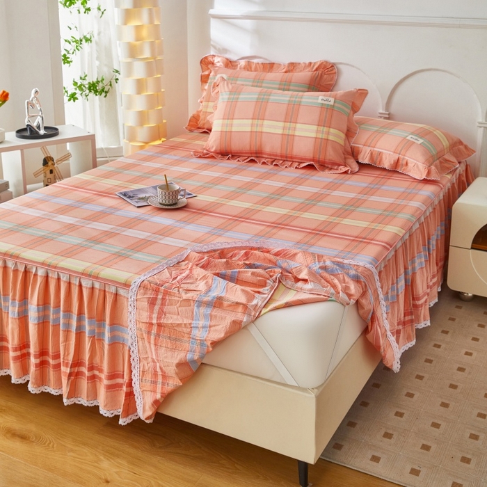 91家纺网 家纺一手货源 找家纺 缦彩 2025新款纯棉水洗棉床裙床罩单件全棉防滑防尘保护套床单三件套 多芬桔