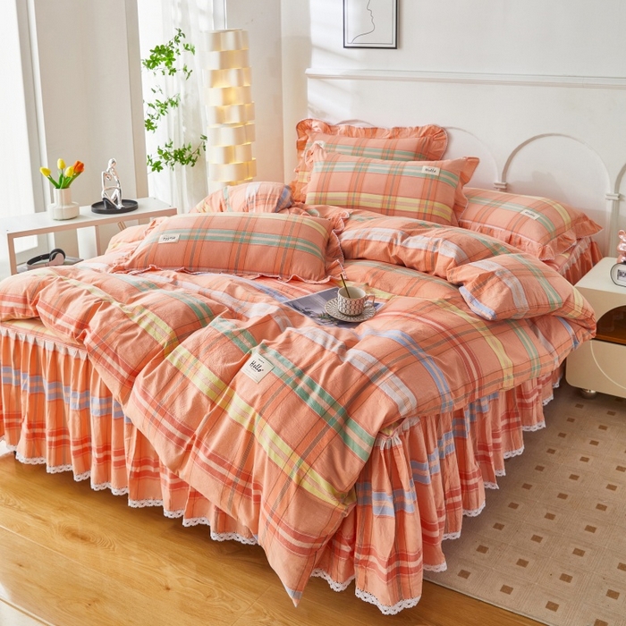 91家纺网 家纺一手货源 找家纺 缦彩 2025新款纯棉水洗棉床裙床罩单件全棉防滑防尘保护套床单三件套 多芬桔