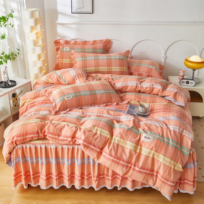 91家纺网 家纺一手货源 找家纺 缦彩 2025新款纯棉水洗棉床裙床罩单件全棉防滑防尘保护套床单三件套 多芬桔