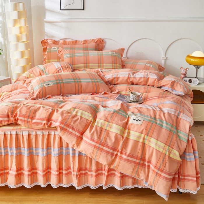 91家纺网 家纺一手货源 找家纺 缦彩 2025新款纯棉水洗棉床裙床罩单件全棉防滑防尘保护套床单三件套 多芬桔