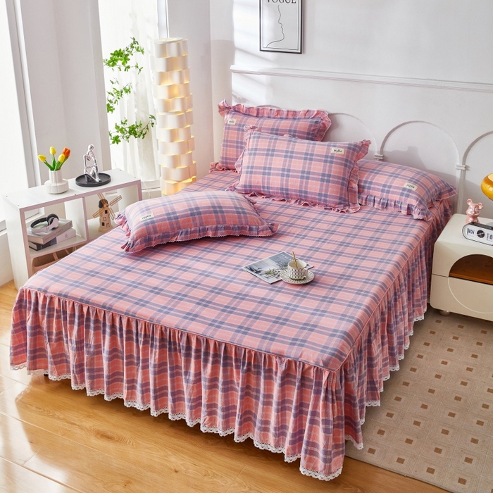 91家纺网 家纺一手货源 找家纺 缦彩 2025新款纯棉水洗棉床裙床罩单件全棉防滑防尘保护套床单三件套 扶摇粉