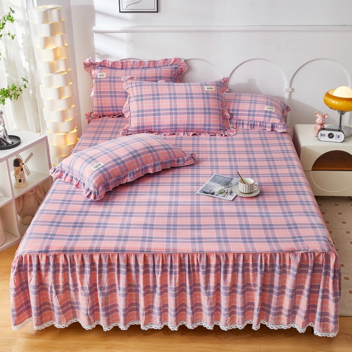 缦彩 2025新款纯棉水洗棉床裙床罩单件全棉防滑防尘保护套床单三件套 扶摇粉