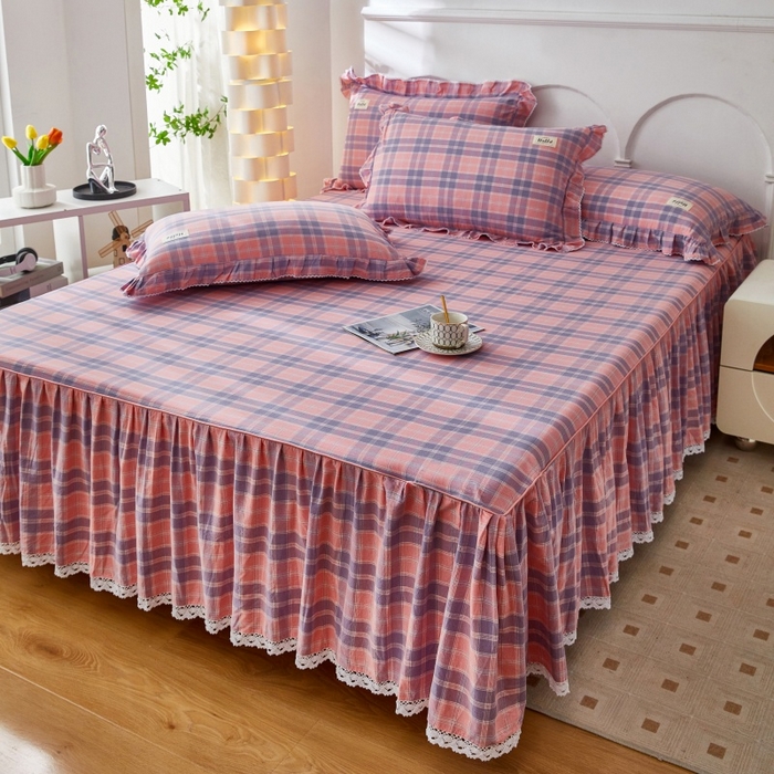 91家纺网 家纺一手货源 找家纺 缦彩 2025新款纯棉水洗棉床裙床罩单件全棉防滑防尘保护套床单三件套 扶摇粉