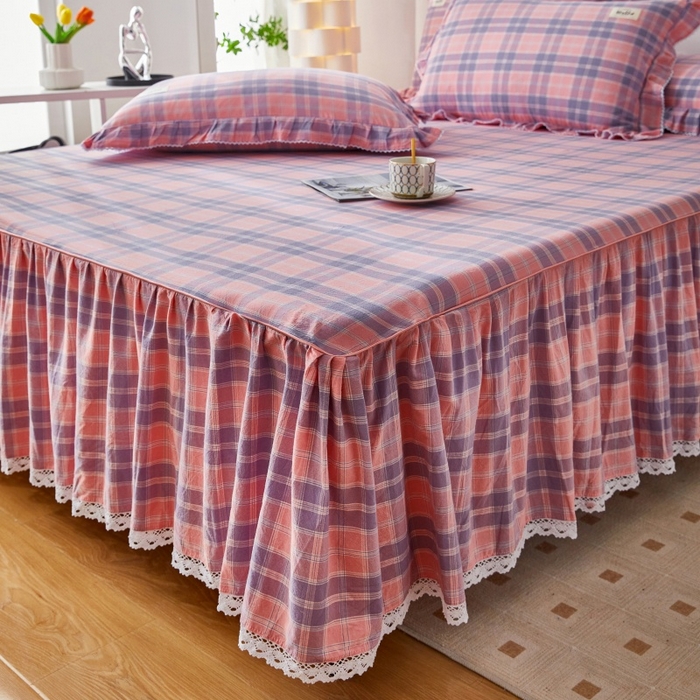 91家纺网 家纺一手货源 找家纺 缦彩 2025新款纯棉水洗棉床裙床罩单件全棉防滑防尘保护套床单三件套 扶摇粉