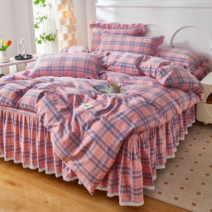 91家纺网 家纺一手货源 找家纺 缦彩 2025新款纯棉水洗棉床裙床罩单件全棉防滑防尘保护套床单三件套 扶摇粉