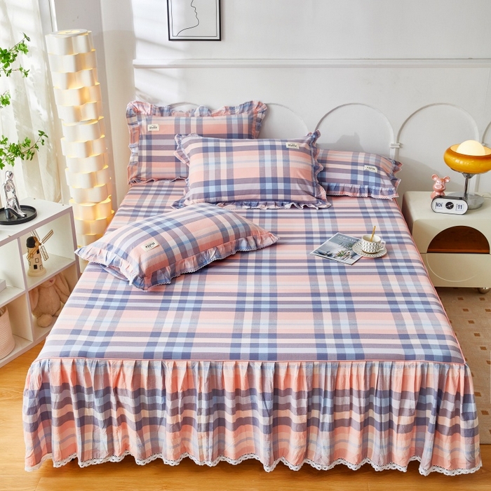 缦彩 2025新款纯棉水洗棉床裙床罩单件全棉防滑防尘保护套床单三件套 欧风粉