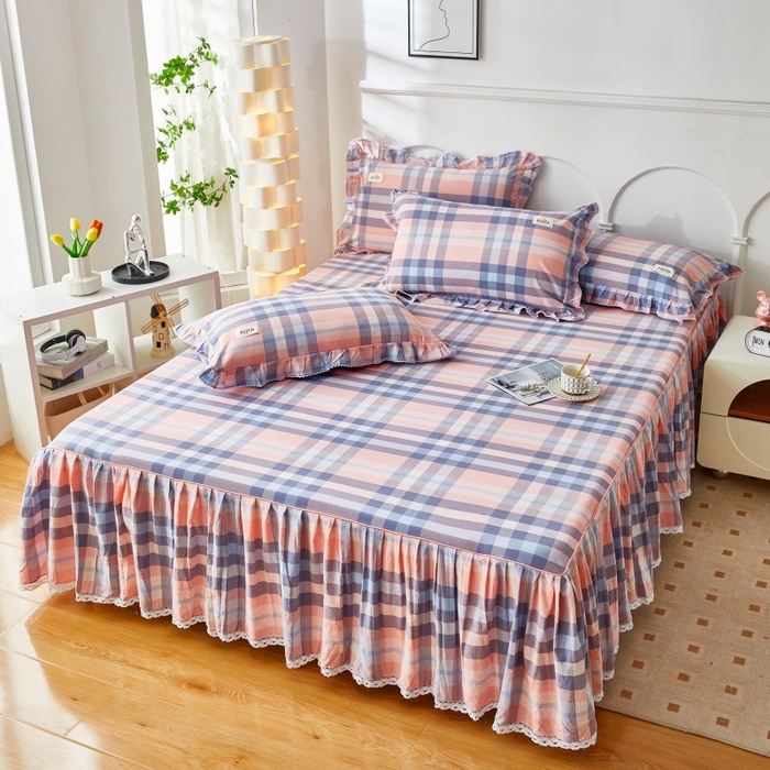 91家纺网 家纺一手货源 找家纺 缦彩 2025新款纯棉水洗棉床裙床罩单件全棉防滑防尘保护套床单三件套 欧风粉