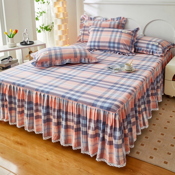 91家纺网 家纺一手货源 找家纺 缦彩 2025新款纯棉水洗棉床裙床罩单件全棉防滑防尘保护套床单三件套 欧风粉