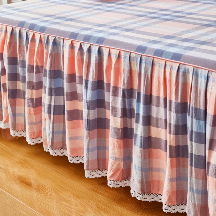 91家纺网 家纺一手货源 找家纺 缦彩 2025新款纯棉水洗棉床裙床罩单件全棉防滑防尘保护套床单三件套 欧风粉