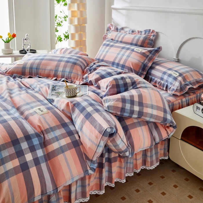 91家纺网 家纺一手货源 找家纺 缦彩 2025新款纯棉水洗棉床裙床罩单件全棉防滑防尘保护套床单三件套 欧风粉