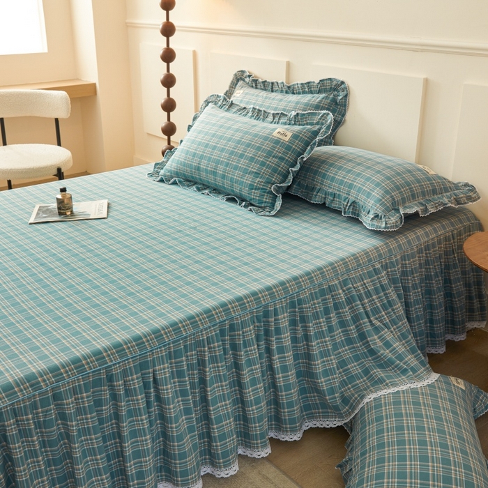 91家纺网 家纺一手货源 找家纺 缦彩 2025新款纯棉水洗棉床裙床罩单件全棉防滑防尘保护套床单三件套 品格-绿