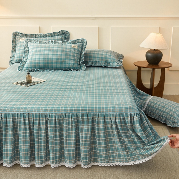 91家纺网 家纺一手货源 找家纺 缦彩 2025新款纯棉水洗棉床裙床罩单件全棉防滑防尘保护套床单三件套 品格-绿