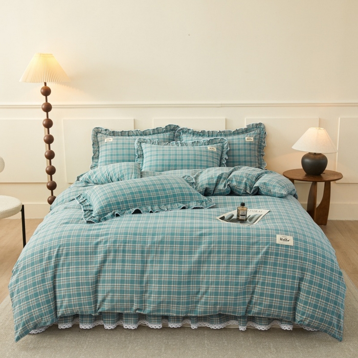 91家纺网 家纺一手货源 找家纺 缦彩 2025新款纯棉水洗棉床裙床罩单件全棉防滑防尘保护套床单三件套 品格-绿