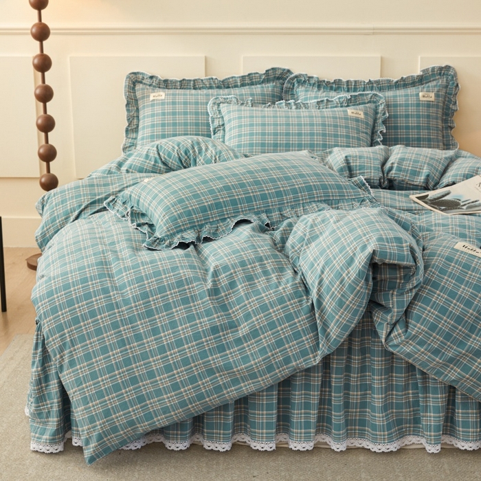 91家纺网 家纺一手货源 找家纺 缦彩 2025新款纯棉水洗棉床裙床罩单件全棉防滑防尘保护套床单三件套 品格-绿