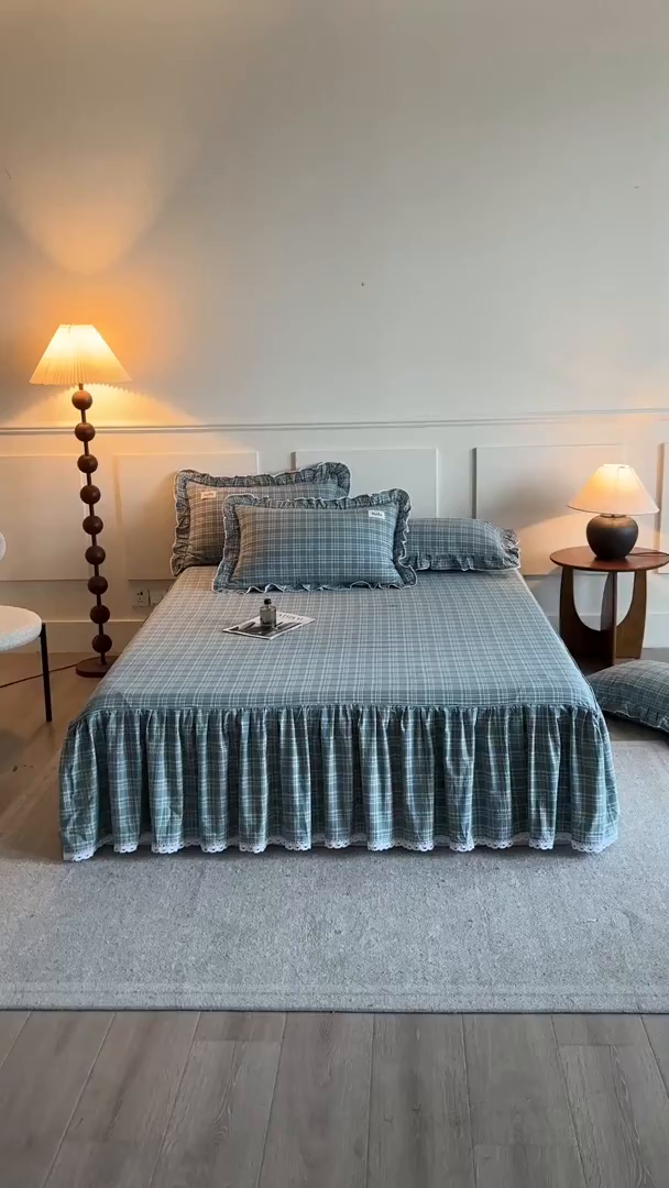 91家纺网 家纺一手货源 找家纺 缦彩 2025新款纯棉水洗棉床裙床罩单件全棉防滑防尘保护套床单三件套 品格-绿