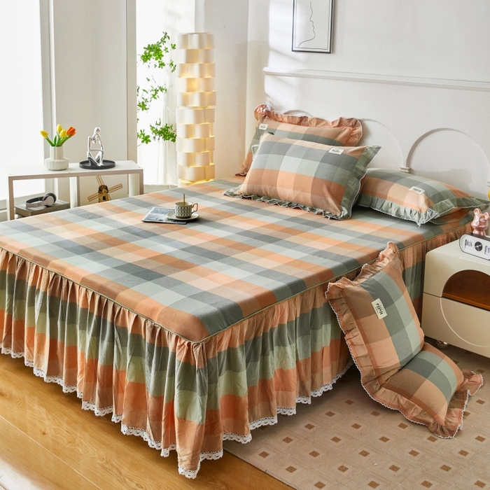 91家纺网 家纺一手货源 找家纺 缦彩 2025新款纯棉水洗棉床裙床罩单件全棉防滑防尘保护套床单三件套 奇兰灰