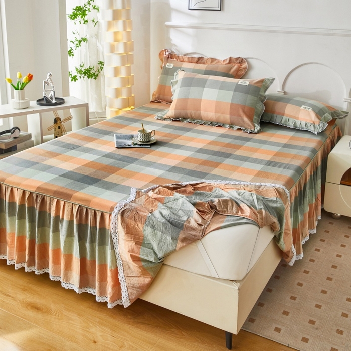 91家纺网 家纺一手货源 找家纺 缦彩 2025新款纯棉水洗棉床裙床罩单件全棉防滑防尘保护套床单三件套 奇兰灰