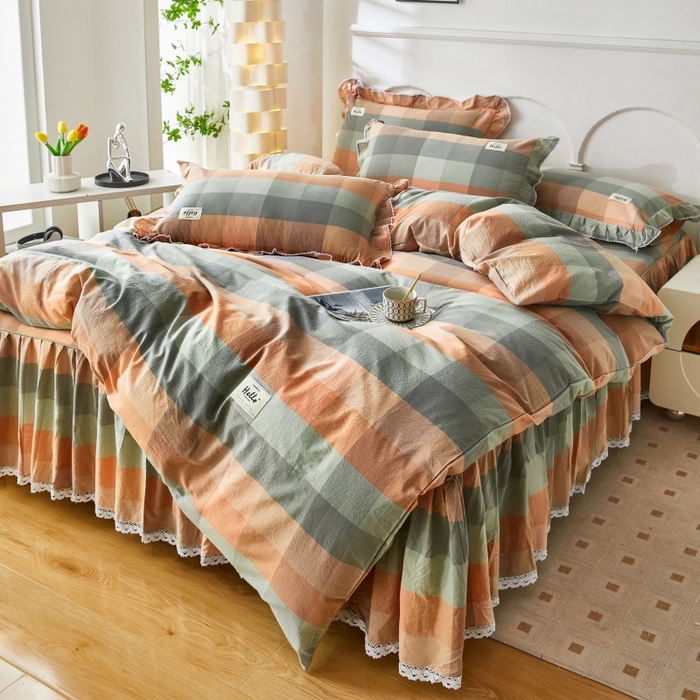 91家纺网 家纺一手货源 找家纺 缦彩 2025新款纯棉水洗棉床裙床罩单件全棉防滑防尘保护套床单三件套 奇兰灰