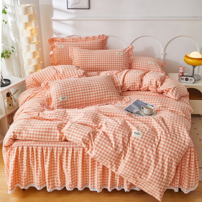 91家纺网 家纺一手货源 找家纺 缦彩 2025新款纯棉水洗棉床裙床罩单件全棉防滑防尘保护套床单三件套 深情桔