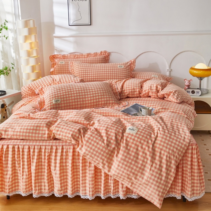 91家纺网 家纺一手货源 找家纺 缦彩 2025新款纯棉水洗棉床裙床罩单件全棉防滑防尘保护套床单三件套 深情桔