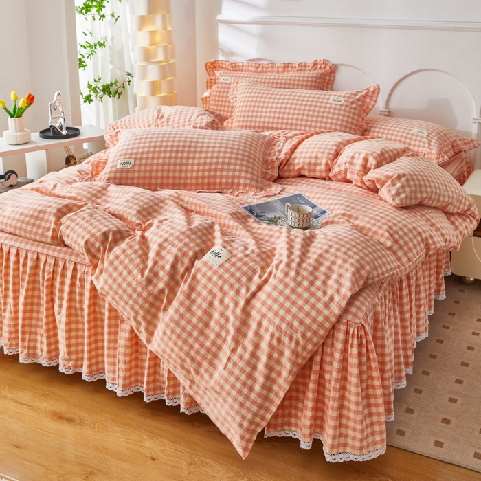 91家纺网 家纺一手货源 找家纺 缦彩 2025新款纯棉水洗棉床裙床罩单件全棉防滑防尘保护套床单三件套 深情桔