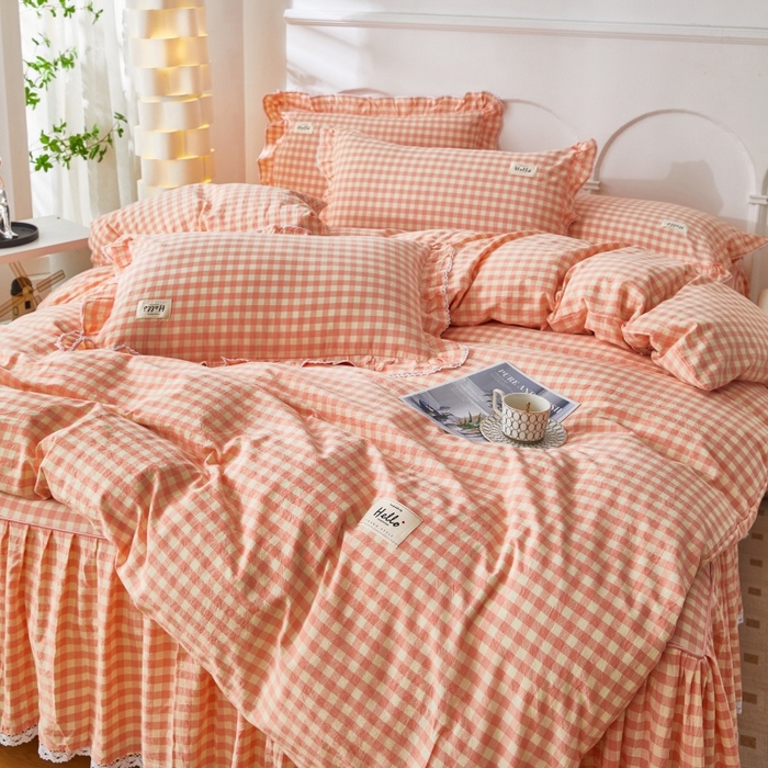 91家纺网 家纺一手货源 找家纺 缦彩 2025新款纯棉水洗棉床裙床罩单件全棉防滑防尘保护套床单三件套 深情桔