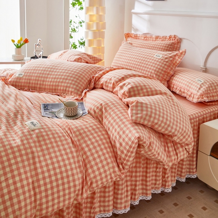 91家纺网 家纺一手货源 找家纺 缦彩 2025新款纯棉水洗棉床裙床罩单件全棉防滑防尘保护套床单三件套 深情桔