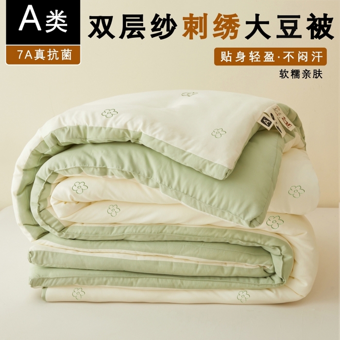 91家纺网 家纺一手货源 找家纺 维洋家纺 2025新款双层纱云感刺绣大豆被被子被芯 奶油绿花朵